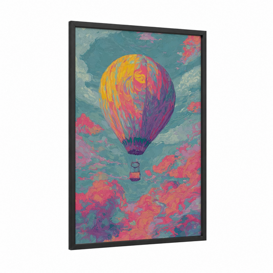 Colorful Ascent framed hot air baloon print — black wood frame — magenta and turquoise palette