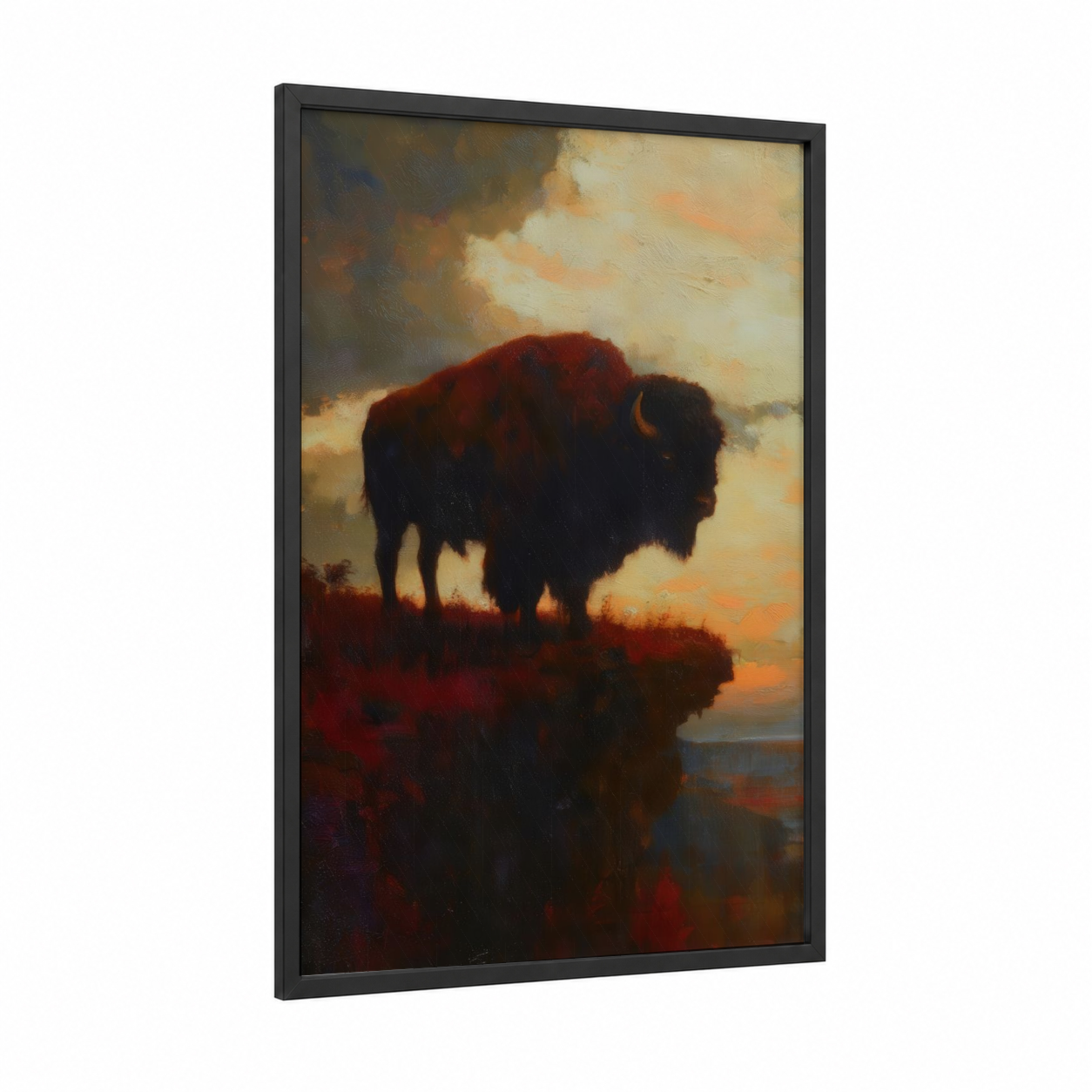 Sunset Bison framed art print — black wood frame — gold and orange palette