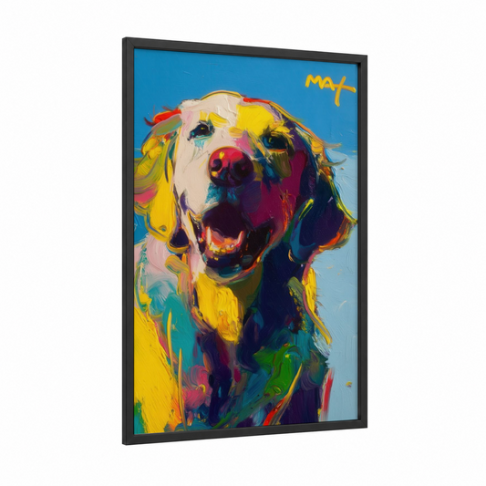 Joyful Retriever framed art print — black wood frame — blue and yellow gold palette