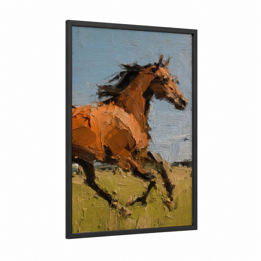 Galloping Thoroughbred framed thoroughbred horse print — black wood frame — gold and blue palette