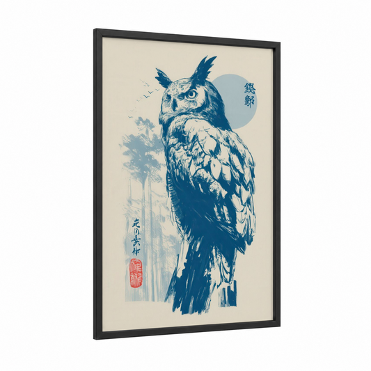 Midnight Owl framed art print — black wood frame — blue and cream palette