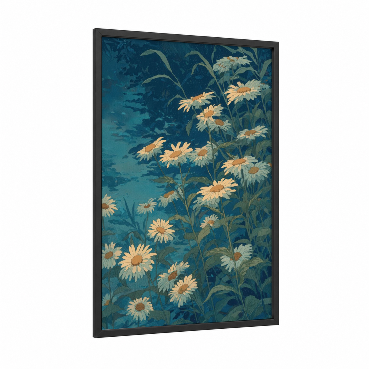 Twilight Daisies framed daisy print — black wood frame — teal and gold palette