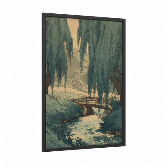 Willow Bridge Stream framed willow forest print — black wood frame — sage green and cream palette