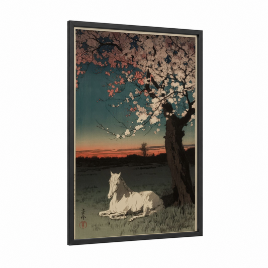Twilight Miniature Horse framed art print — black wood frame — teal and rose gold palette