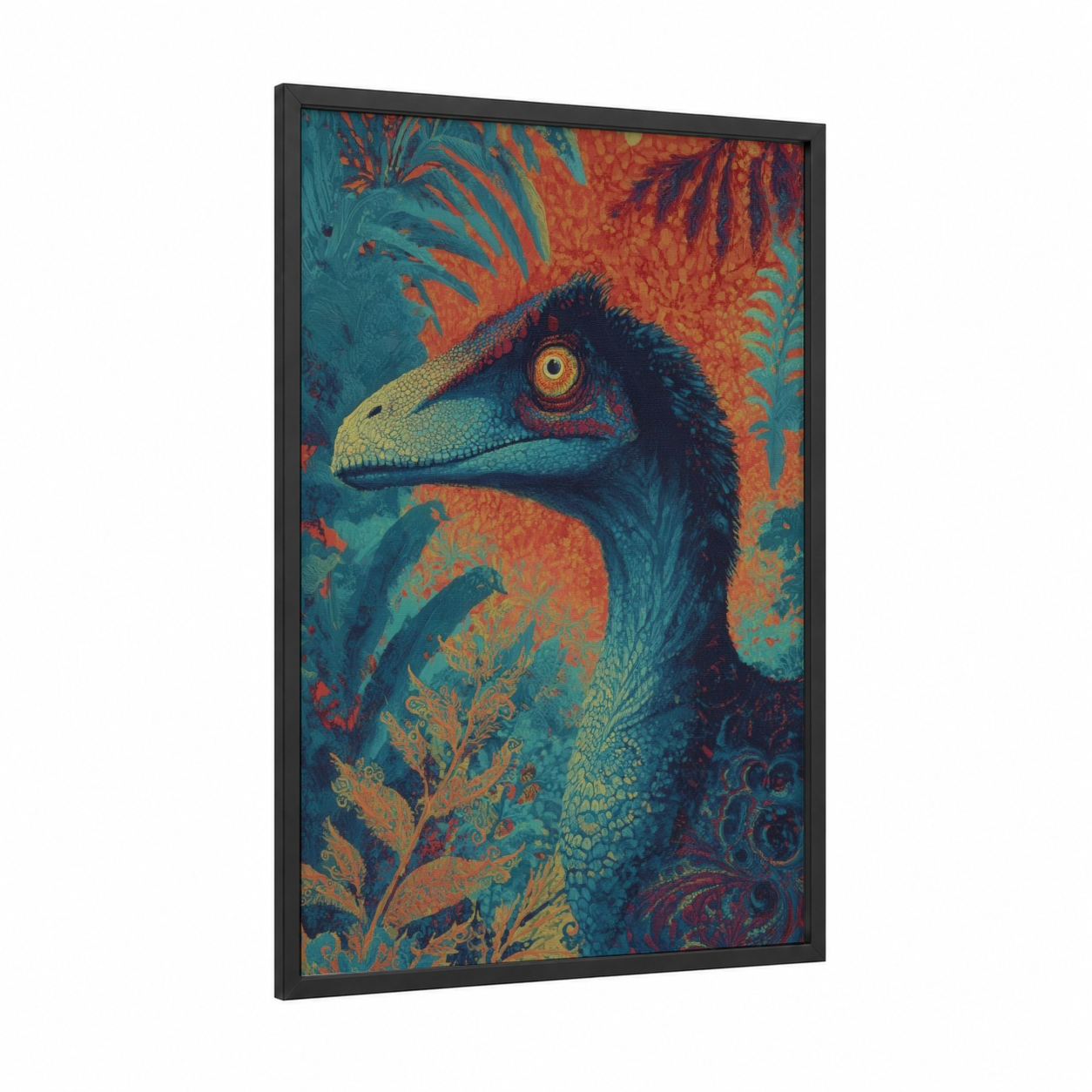 Emerald Dinosaur Portrait framed art print — black wood frame — teal and orange palette