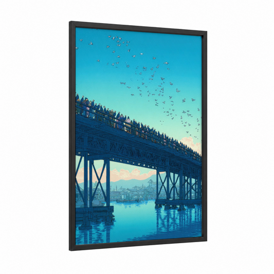 Bridged Horizons framed bridges print — black wood frame — turquoise and blue palette