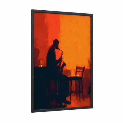 Saxophone Silhouette framed jazz print — black wood frame — orange and red palette