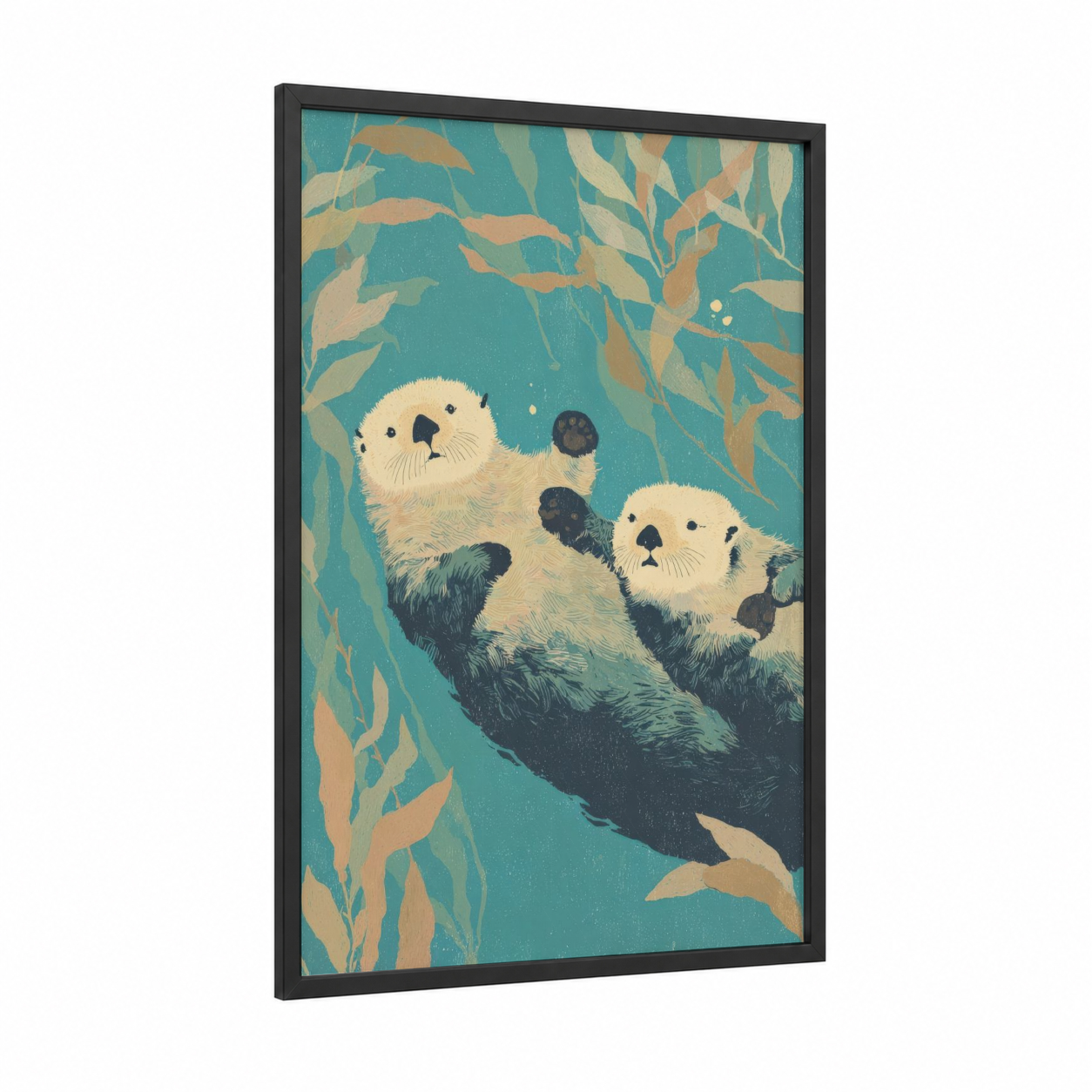 Floating Otters framed animals in love print — black wood frame — teal and peach palette