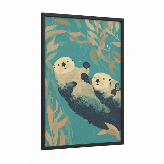 Floating Otters framed animals in love print — black wood frame — teal and peach palette