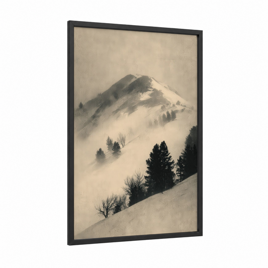 Snowy Mountain Peaks framed snowy mountains print — black wood frame — white and gray palette