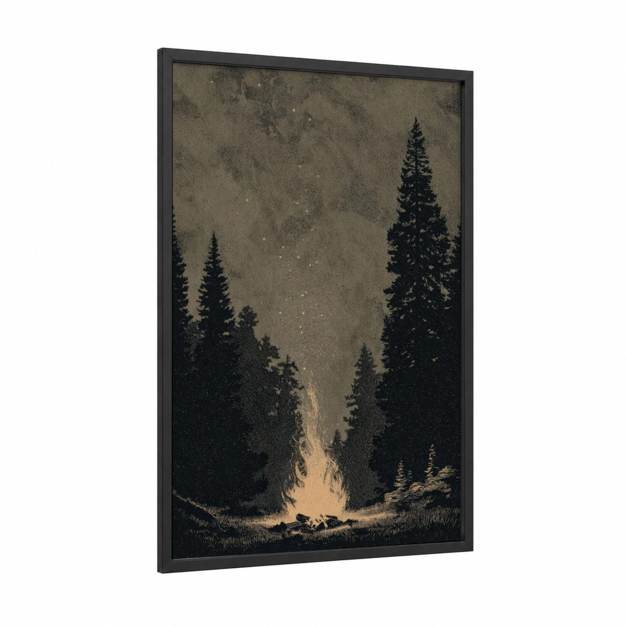 Starlit Campfire framed camping print — black wood frame — black and beige palette
