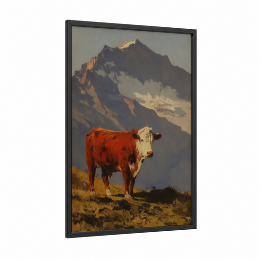Mountain Hereford framed hereford cow print — black wood frame — gold and cream palette