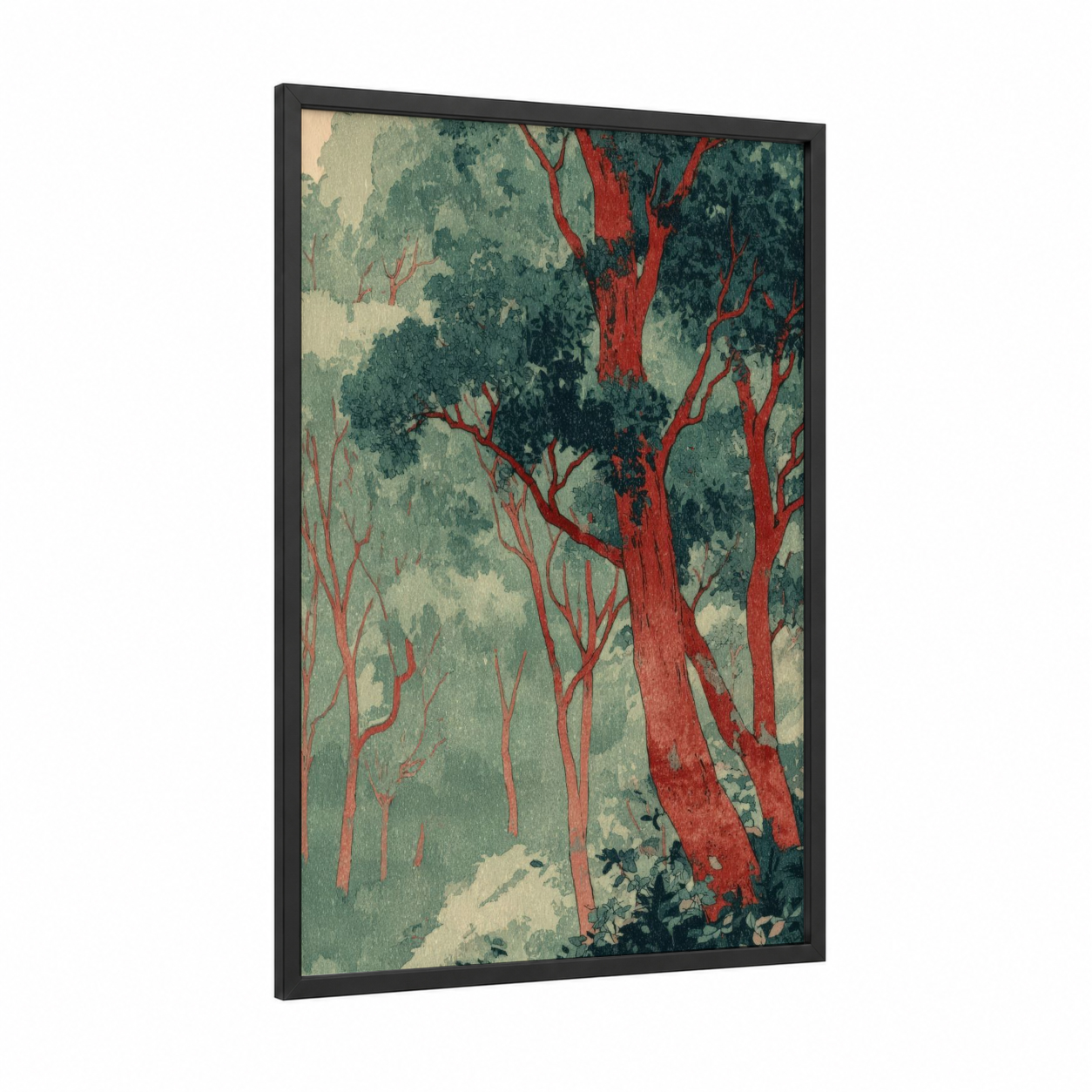 Crimson Arbutus Forest framed arbutus tree print — black wood frame — sage green and russet palette