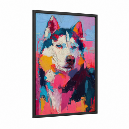 Neon Husky Portrait framed art print — black wood frame — magenta and blue palette