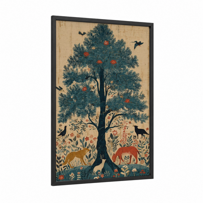 Wildlife Cypress framed cypress tree print — black wood frame — teal and gold palette