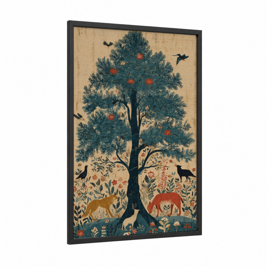 Wildlife Cypress framed cypress tree print — black wood frame — teal and gold palette