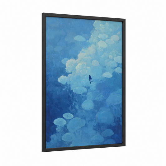 Jellyfish Dive framed diving print — black wood frame — blue and white palette