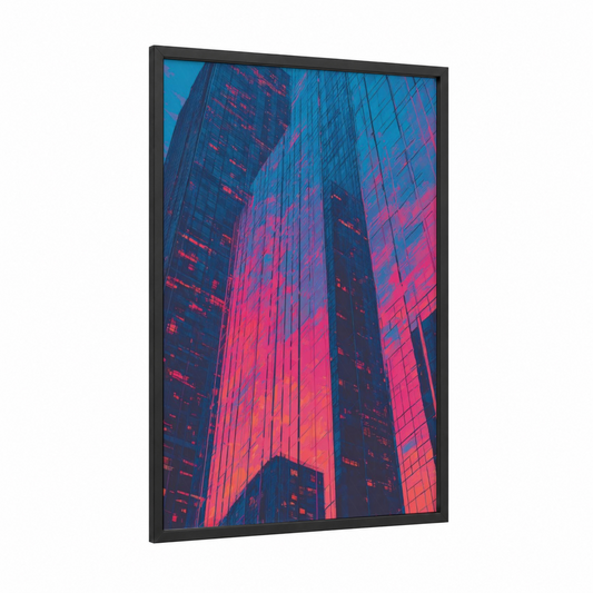 Neon Skyline framed window print — black wood frame — magenta and blue palette