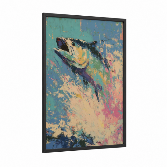 Vibrant Tarpon framed art print — black wood frame — turquoise and gold palette