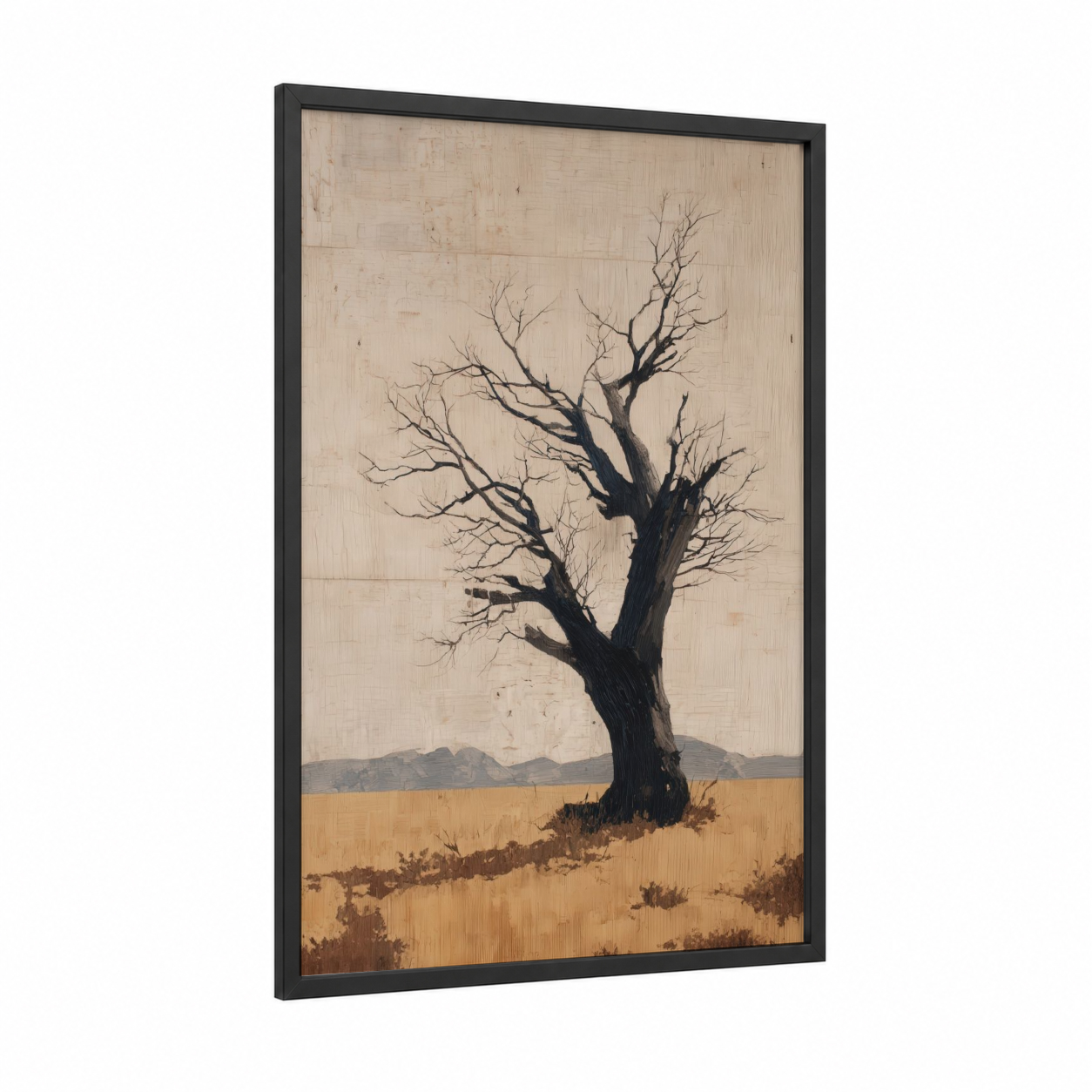 Solitary Desert Tree framed savanna and desert trees print — black wood frame — beige and black palette