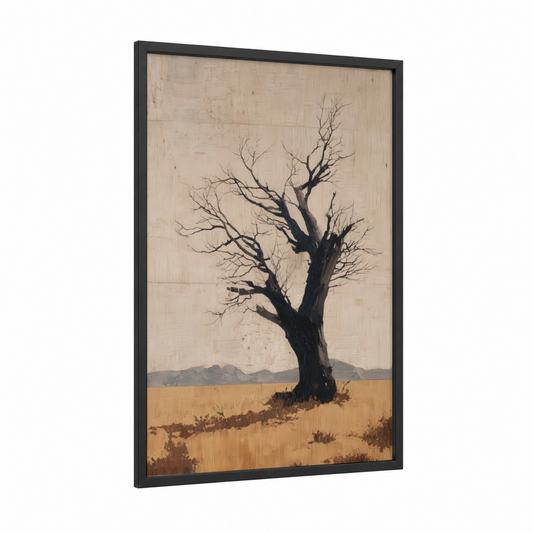 Solitary Desert Tree framed savanna and desert trees print — black wood frame — beige and black palette