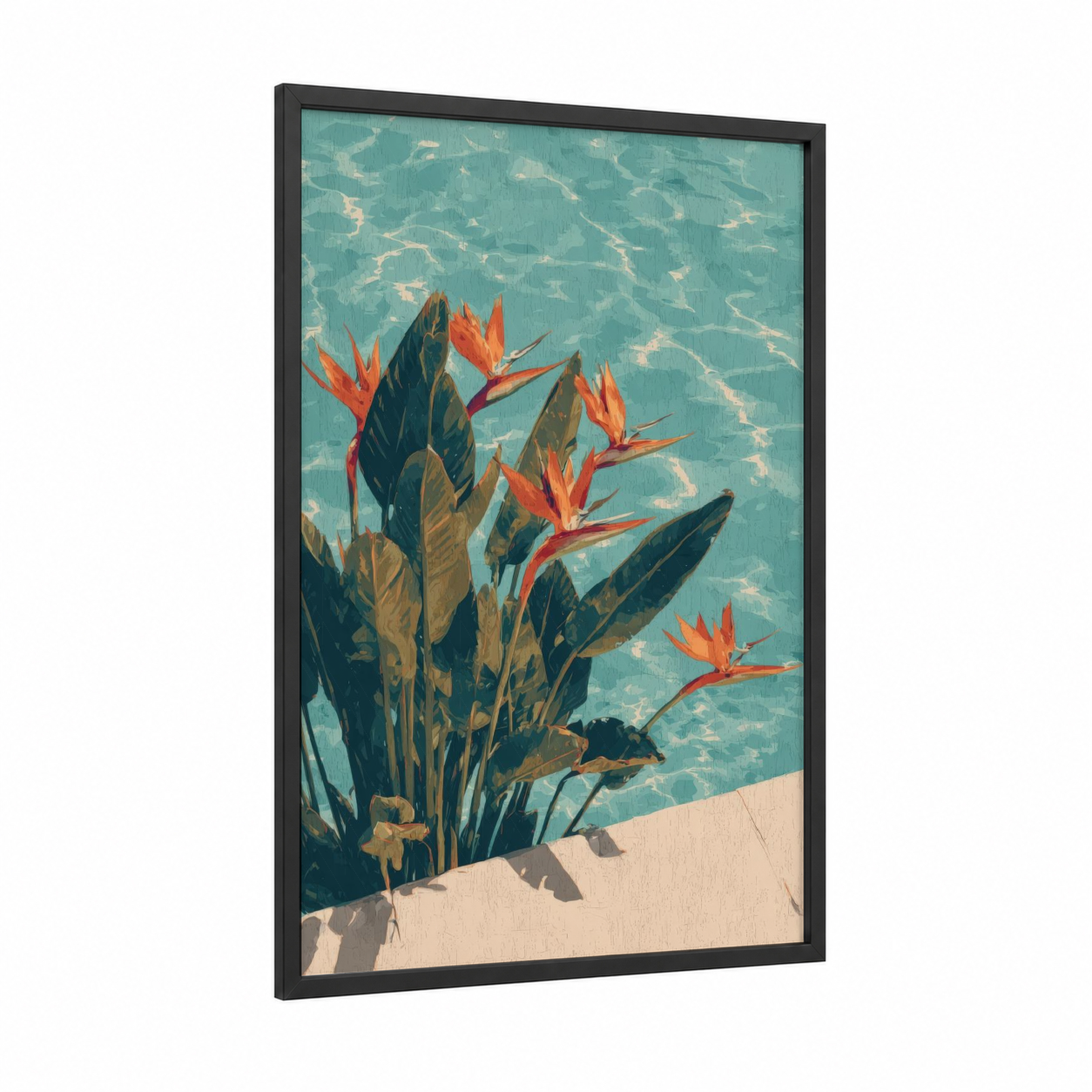 Tropical Birds Paradise framed birds of paradise print — black wood frame — teal and orange palette