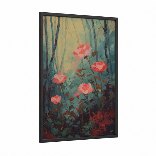Forest Rose Garden framed roses print — black wood frame — teal and salmon pink palette
