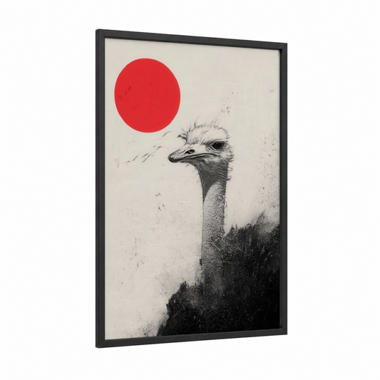 Crimson Sun Ostrich framed art print — black wood frame — black and white and red palette