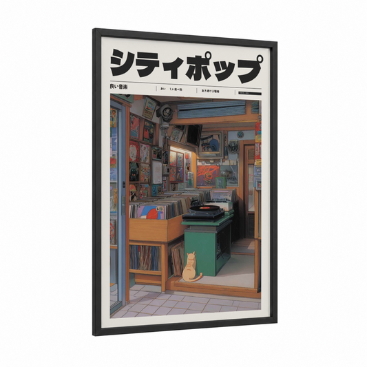 Vinyl Shop Cat framed anime and manga print — black wood frame — brown and gold palette