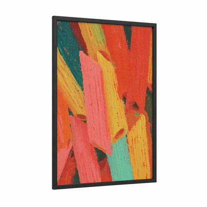 Vibrant Pasta Abstract framed art print — black wood frame — red and yellow gold palette