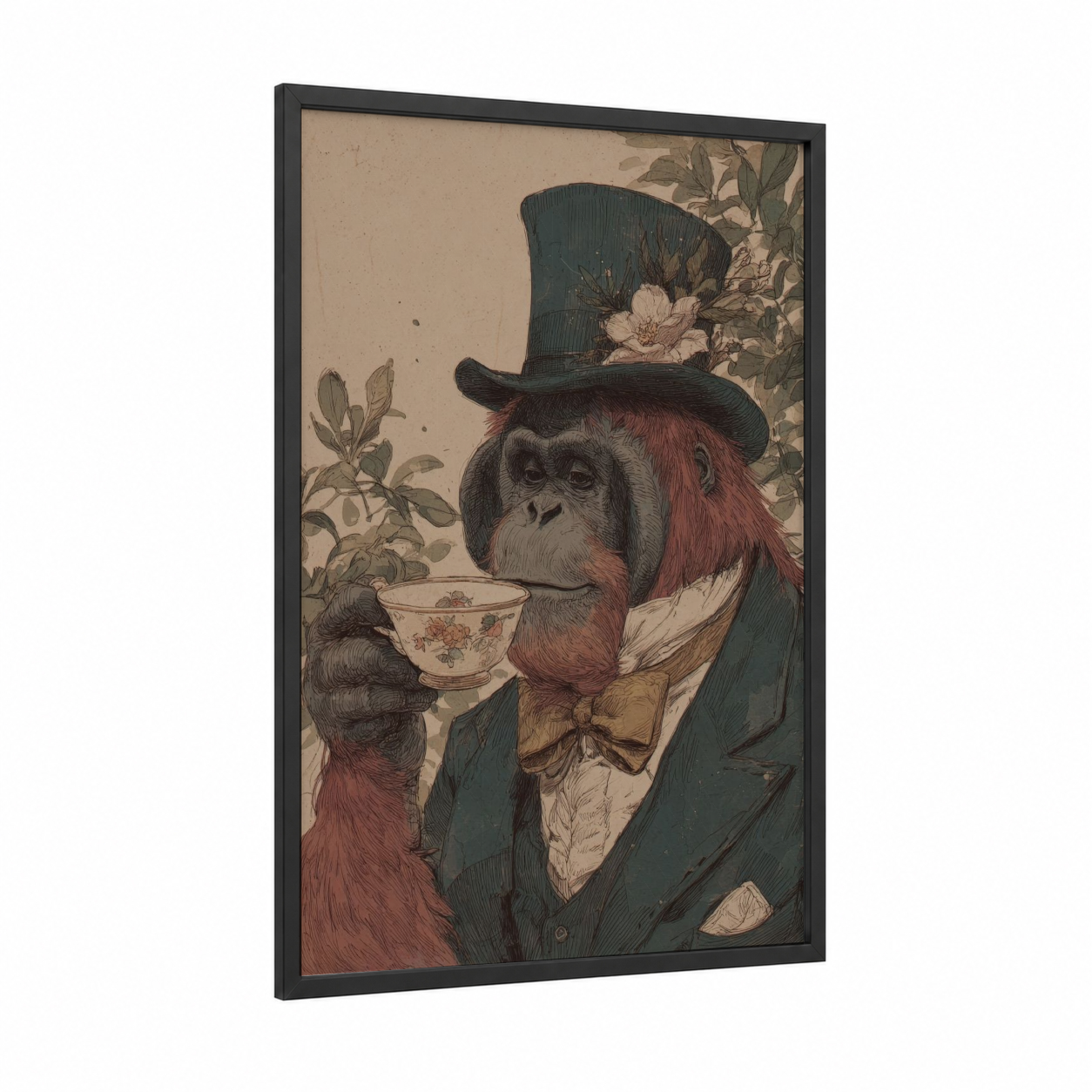 Genteel Orangutan framed art print — black wood frame — beige and dove gray palette