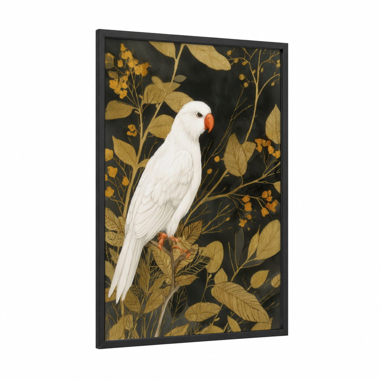 White Kiwi Parrot framed art print — black wood frame — white and gold palette