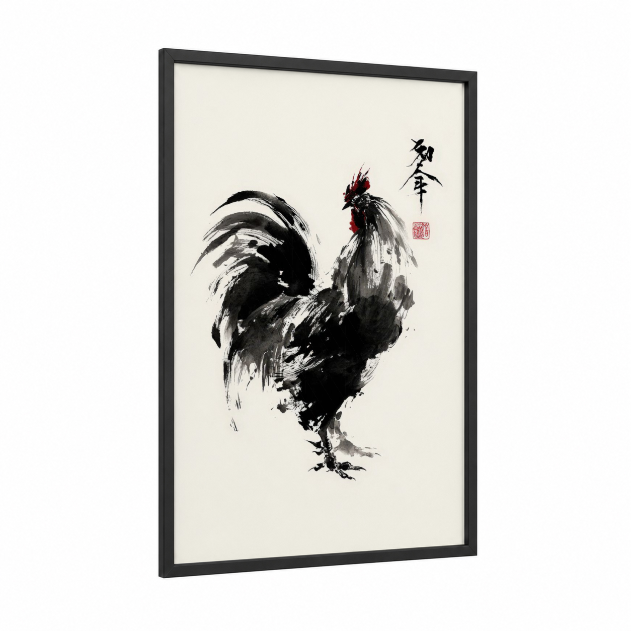 Spirited Rooster framed chicken and roosters print — black wood frame — black and white and red palette