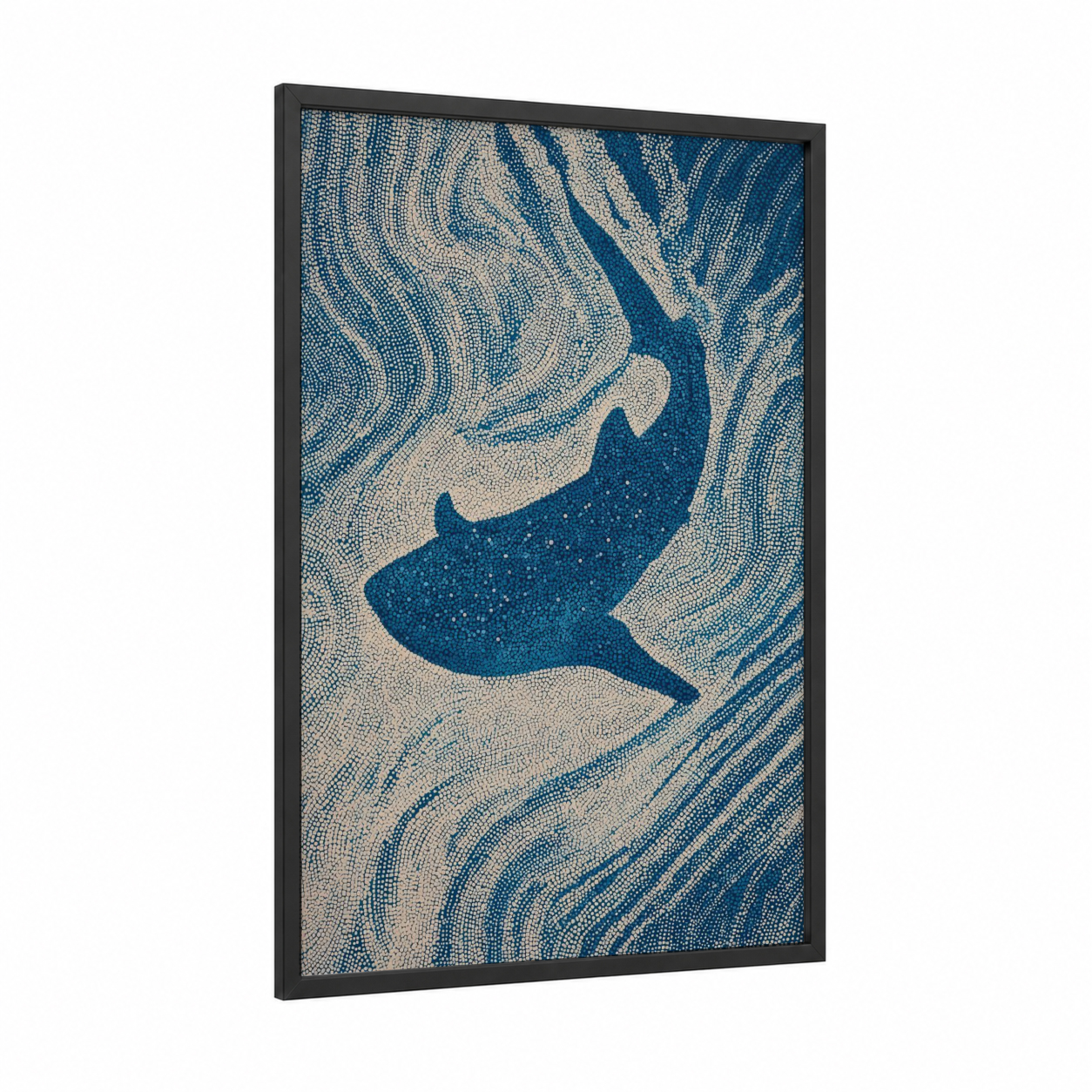 Oceanic Whale Shark framed art print — black wood frame — blue and white and teal palette