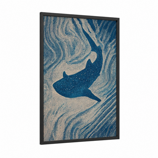 Oceanic Whale Shark framed art print — black wood frame — blue and white and teal palette