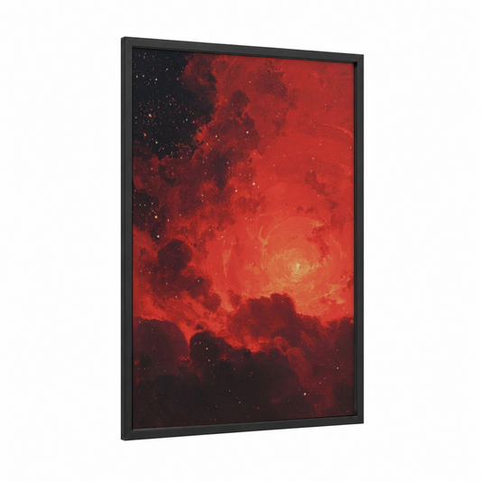 Crimson Nebula Star framed art print — black wood frame — red and black palette