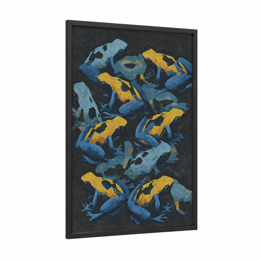 Poison Dart Frogs framed frogs and toads print — black wood frame — blue and yellow gold palette