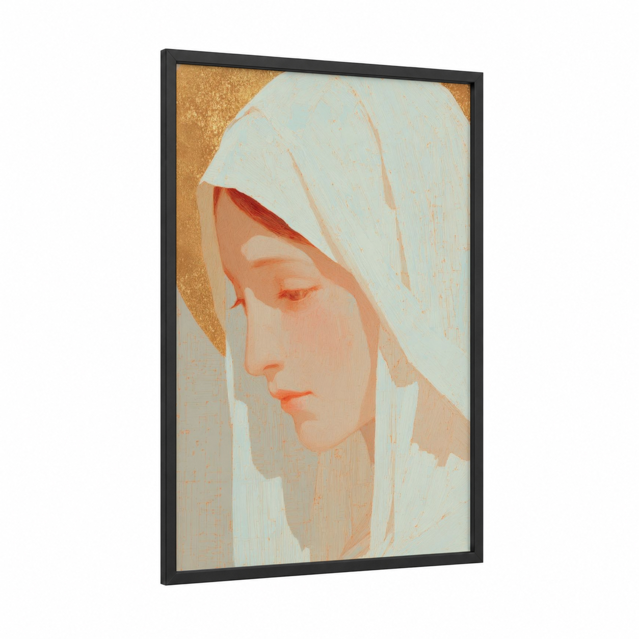 Serene Madonna framed virgin mary print — black wood frame — cream and gold palette