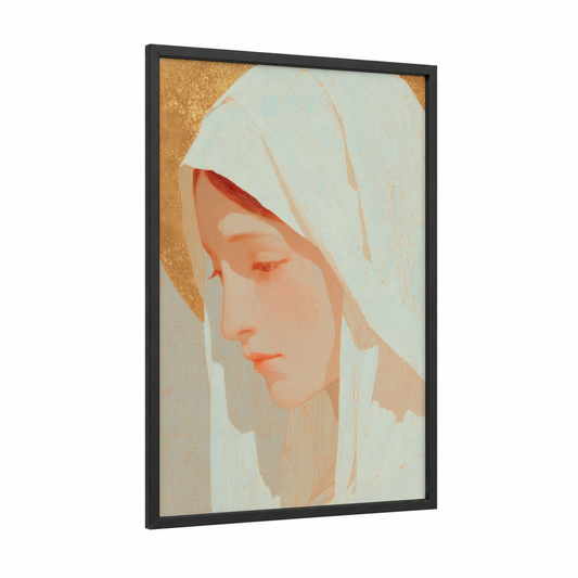 Serene Madonna framed virgin mary print — black wood frame — cream and gold palette