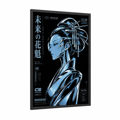 Chrome Geisha Cyberpunk Sci-Fi Wall Art framed extraterrestrial print — black wood frame — blue and black palette