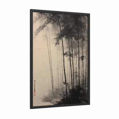 Misty Bamboo Forest framed bamboo jungle print — black wood frame — black and white and dove gray palette