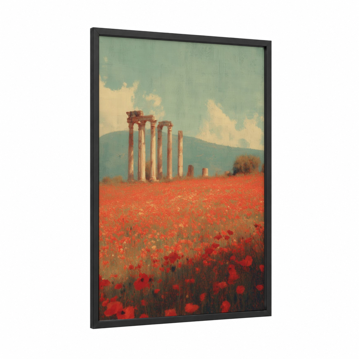Crimson Poppy Columns framed art print — black wood frame — red and sage green palette