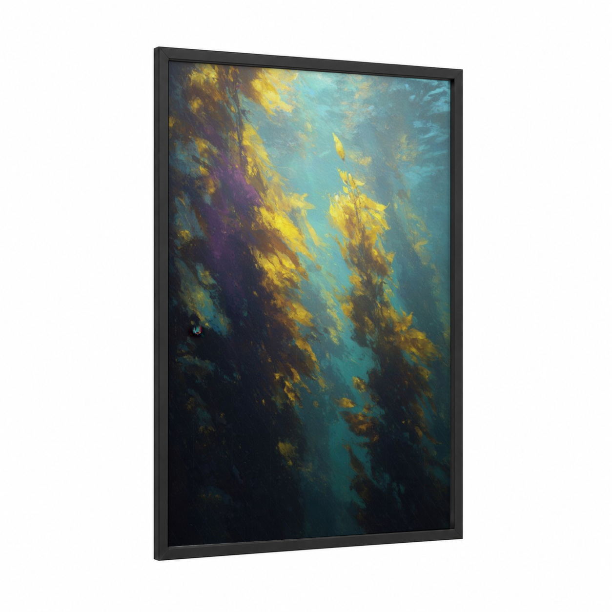 Golden Wahoo Descent framed art print — black wood frame — gold and teal palette