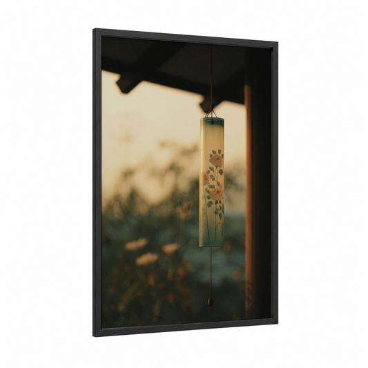 Botanical Wind Chime framed glassworking print — black wood frame — gold and sage green palette