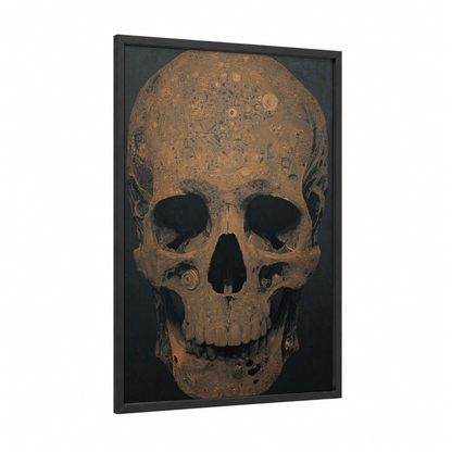 Mechanical Skull framed art print — black wood frame — gold and black palette