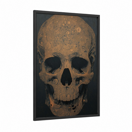 Mechanical Skull framed art print — black wood frame — gold and black palette