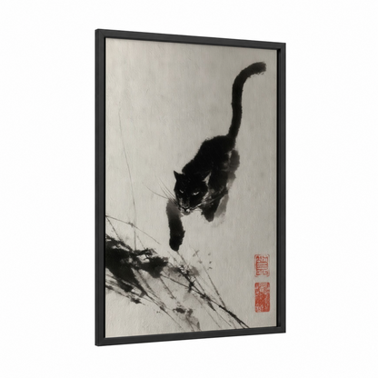Descending Panther framed art print — black wood frame — black and white palette