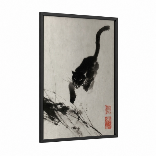 Descending Panther framed art print — black wood frame — black and white palette