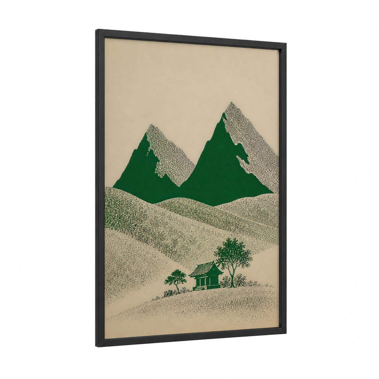 Mountain Cottage Minimalist Landscape Wall Art framed art print — black wood frame — true green and beige palette