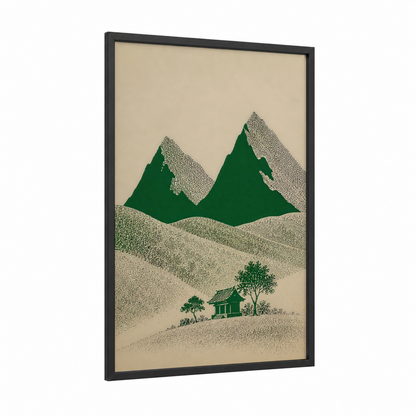 Mountain Cottage Minimalist Landscape Wall Art framed art print — black wood frame — true green and beige palette